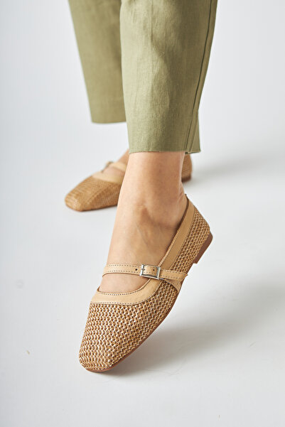 Limoya Remza Straw Knitted Textured Women's Ballerina Buckle Comfortable Daily Shoes