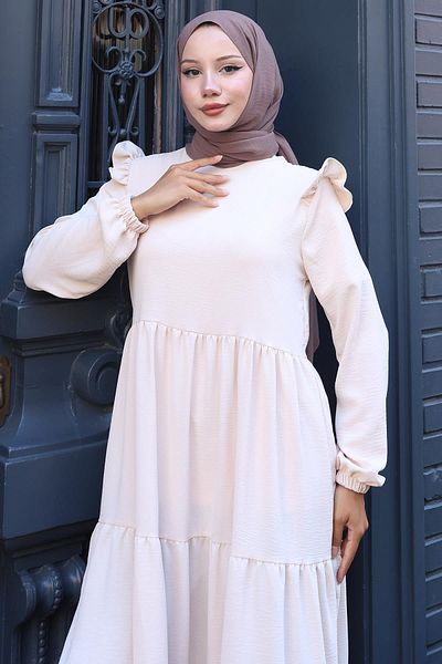 hafsamina Ayrobin Hijab Dress with Ruffles on the Shoulder Beige Hm2062
