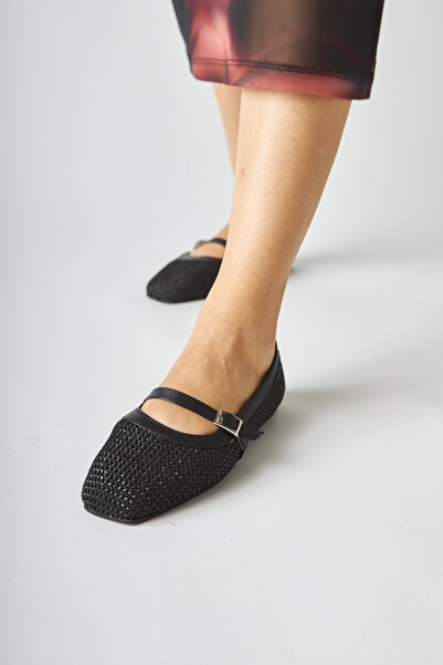 Limoya Remza Black Knitted Textured Women's Ballerina Buckle Comfortable Daily Shoes