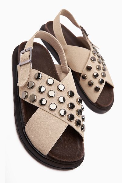 Limoya Lina Beige Studded Cross Strap Women's Sandals