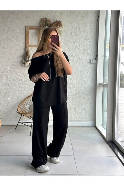 Viyamo New Season Women's One Shoulder Open Wide Cut Viscose Two Thread Blouse and Trousers Two-Piece Set