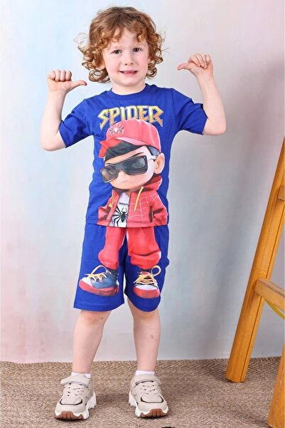 Yağmur Giyim PJKSKT Set cu Şorturi Albastre cu Desen Spiderman pentru Băieți cu Mâneci Scurte 7517-SM