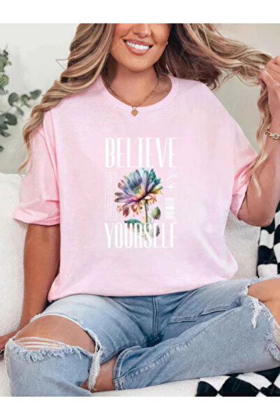 Sarah's Boutique Tricou de damă – 100% bumbac – Minimalist „CREDE ÎN TINE ÎNS...
