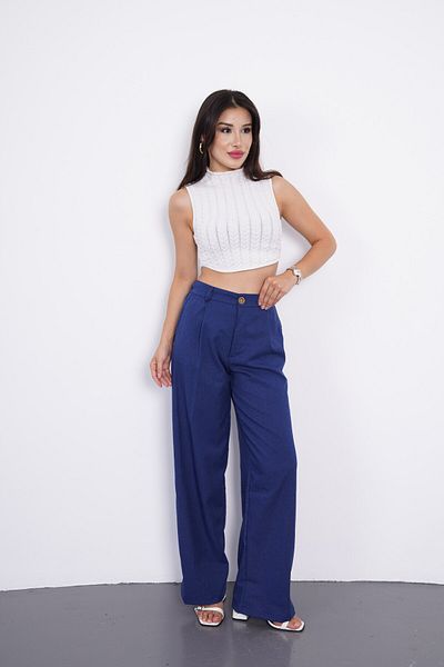 Gülmude Women's Loose Cut Elastic Waist High Waist Buttoned Casual Pocket Trousers Wide Leg