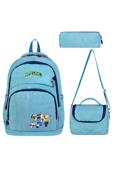 BEGATİ ÇANTA Mine Craft Fabric Primary School Bag Printed Set of 3 (Bag.Thermal Lunch.Pencil)