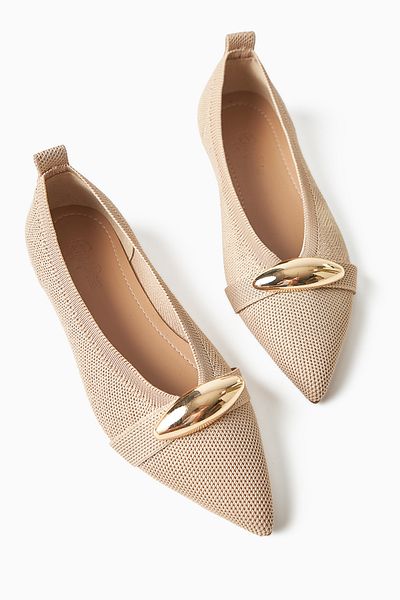 Limoya Lola Beige Metal Buckle Women's Ballerina Pointed Toe Comfortable Daily Shoes