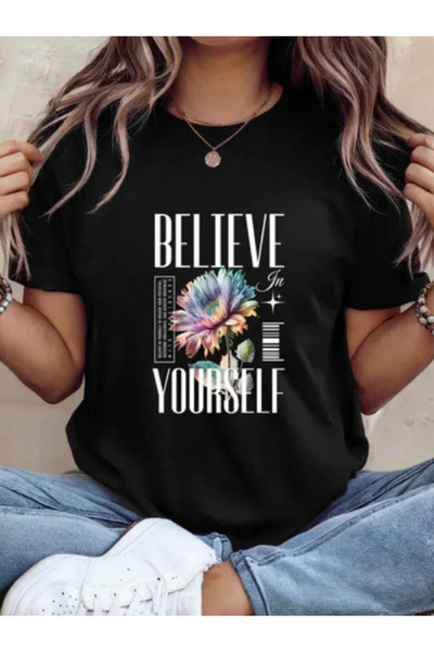 Sarah's Boutique Tricou de damă – 100% bumbac – Minimalist „CREDE ÎN TINE ÎNS...