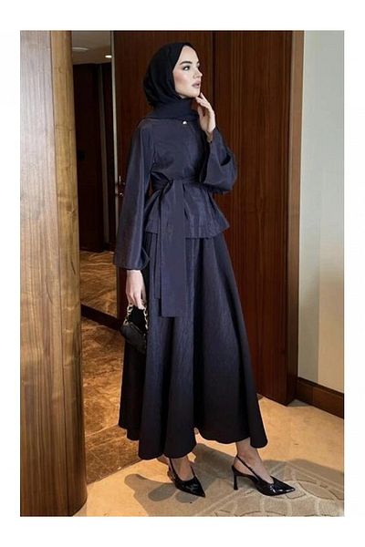 Modamorfo One Button Top, Lace Skirt, Elastic Waistband Kraş Suit - Navy