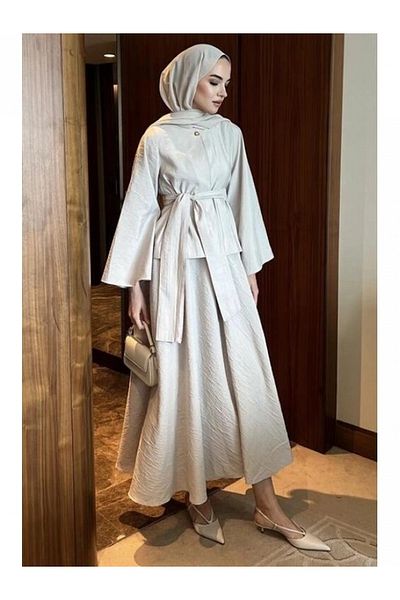 Modamorfo One Button Top, Lace Skirt, Elastic Waistband, Kraş Suit - Stone