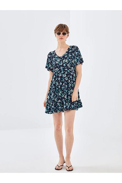 LC Waikiki Blais Mixed V-Neck Floral Short Sleeve Women's Dress