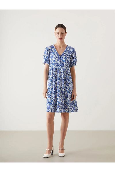 LC Waikiki Lcw comfort navy blue v-neck floral women's dress