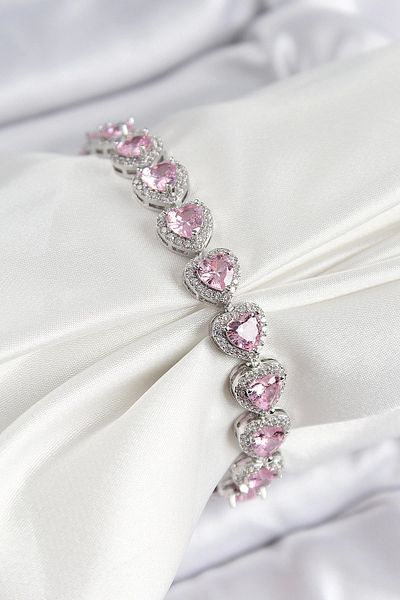 NETWORK ART Bfs Brass Zircon Stone Pink Heart Baguette Model Silver Color Vip Series Women's Bracelet
