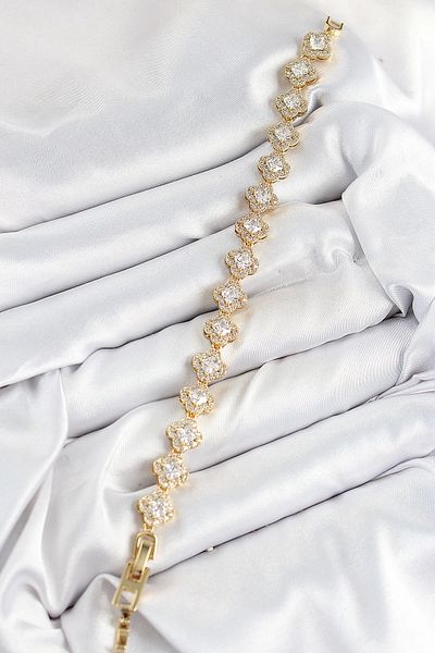 NETWORK ART Bfs Brass Zircon Stone Clover Baguette Model Gold Color Vip Series Women's Bracelet