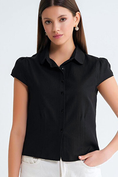 CoolLook Kısa Ay Kollu Pamuklu Gömlek Yakalı Günlük Düğme Kapamalı Beli Pensl...