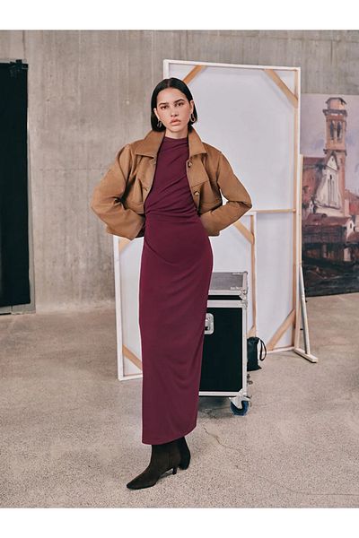 LC Waikiki Lcw Vision Burgundy Stand Collar Drawstring Women's Dress