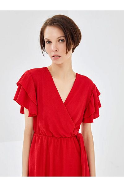 LC Waikiki Blais Red Double Breasted Collar Plain Short Sleeve Women's Dress