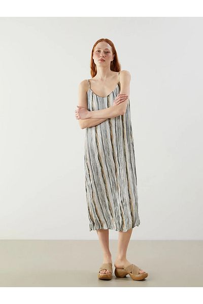 LC Waikiki Lcw Vision Green V-Neck Striped Strap Satin Women's Dress