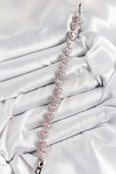 NETWORK ART Bfs Brass Zircon Stone Pink Heart Baguette Model Silver Color Vip Series Women's Bracelet