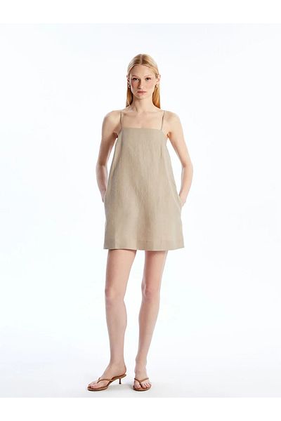 LC Waikiki Lcw Vision Beige Square Neck 100% Linen Mini Dress