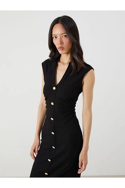 LC Waikiki Lcw Vision Black Textured Shirred Shirt Dress