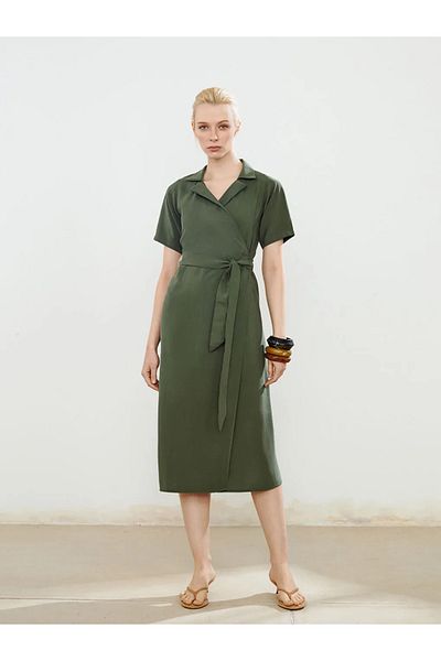 LC Waikiki Soulife Khaki Shirt Collar Belted Dress