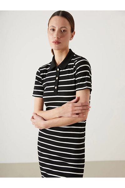 LC Waikiki Lcw Vision Black Shirt Collar Striped Women's Dress