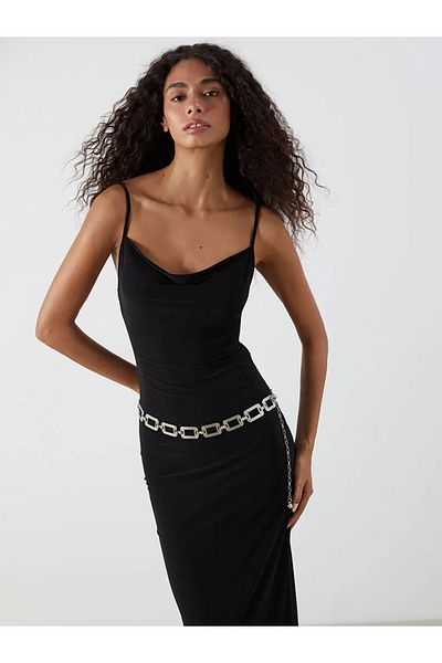 LC Waikiki Xside Black Draped Neckline Strap Bodycon Dress