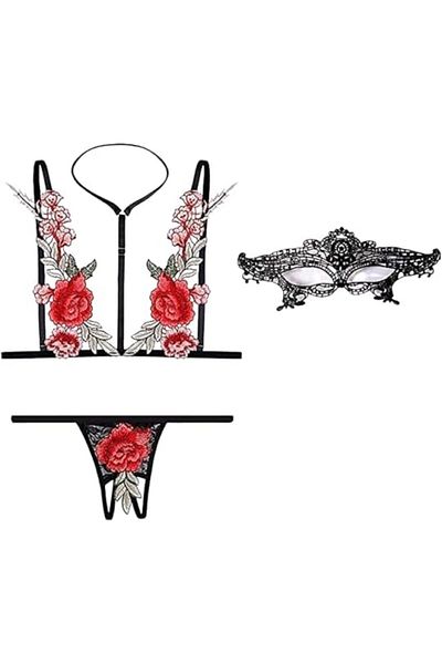 Mirfa Women's Floral Lingerie Set Strappy Cut Out Crisscross Push Up Bra Panty Black Lace Mask 3 Pie