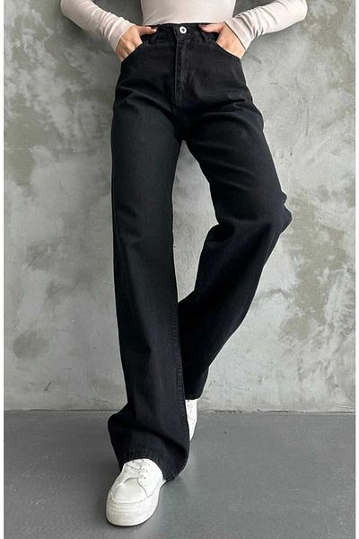 LORDA GİYİM Black Loose Fit Palazzo High Waist Stretchy Denim Pants with Lycra Colorfast Black
