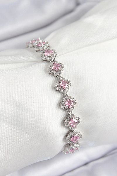 NETWORK ART Bfs Brass Zircon Stone Pink Clover Baguette Model Silver Color Vip Series Women's Bracelet