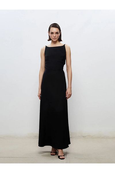 LC Waikiki Soulife Black Boat Neck Strap Satin Evening Dress