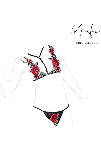 Mirfa Women's Floral Lingerie Set Strappy Cut Out Crisscross Push Up Bra Panty Black Lace Mask 3 Pie