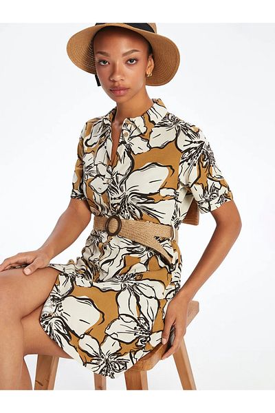 LC Waikiki Lcw Vision Beige Floral Linen Blend Shirt Dress