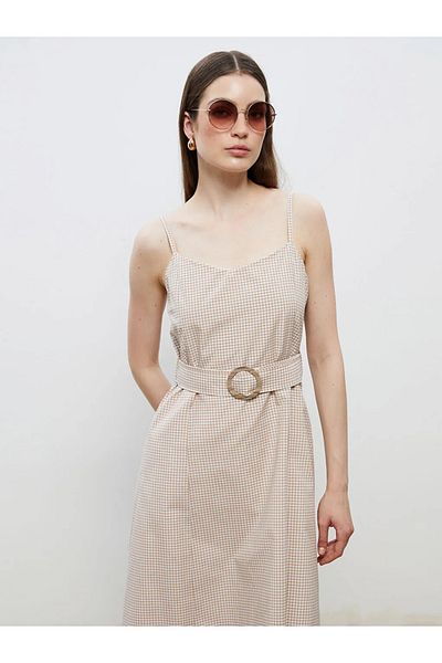 LC Waikiki Soulife Beige Heart Neckline Plaid Strap A-Line Dress