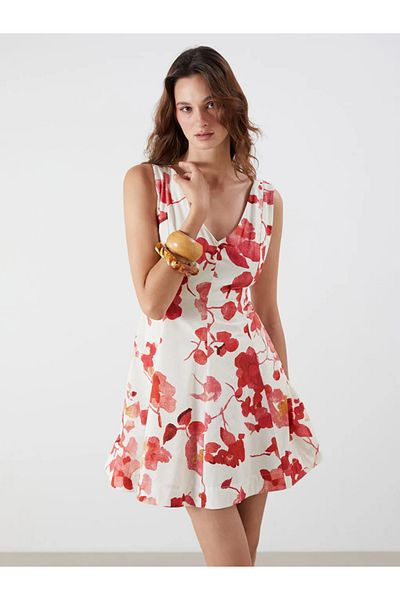 LC Waikiki Lcw Vision Pink V Neck Floral Waist Seated Mini Dress