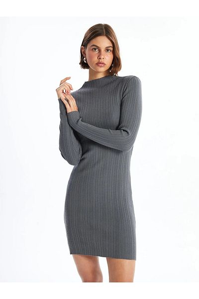 LC Waikiki Blais Gray Stand Collar Plain Long Sleeve Women's Knitwear Dress