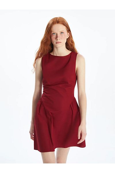 LC Waikiki Xside burgundy bicycle collar shirred mini dress