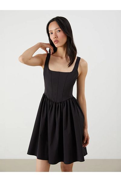 LC Waikiki Lcw Vision Black Square Neck Strap Poplin Mini Dress