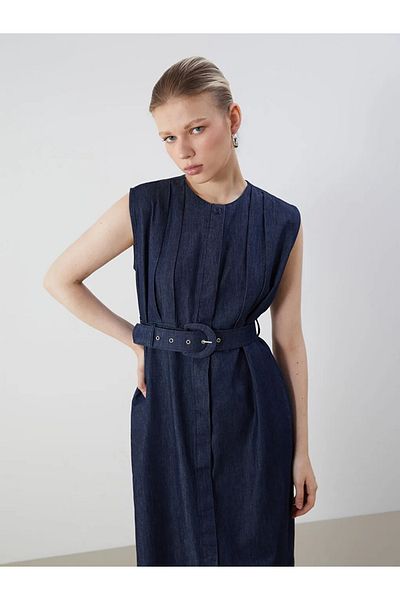 LC Waikiki Lcw Vision Indigo Crew Neck Belted Pleated Jean Dress