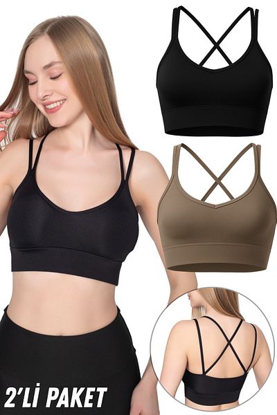 Fivora Slim Strap Back Cross Double Strap Sports Crop Bustier with Pads – Lifting Support 2 Pack-4