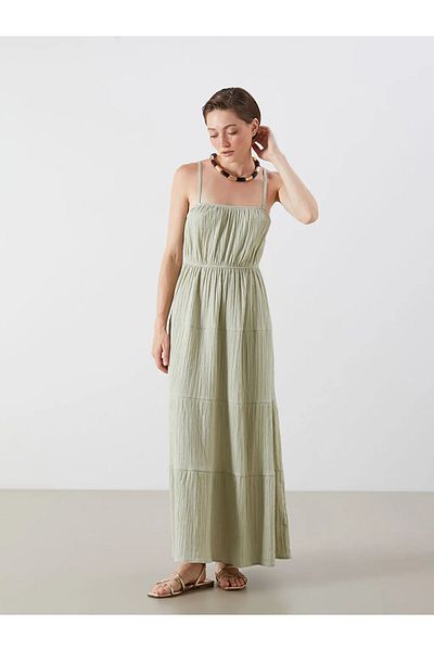 LC Waikiki Lcw Vision Green U-Neck Gathered A-Line Muslin Dress
