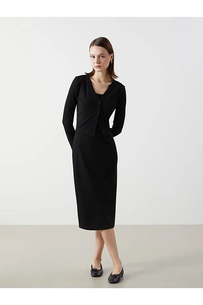 LC Waikiki Lcw Comfort Black Crew Neck Women's Dress and Cardigan