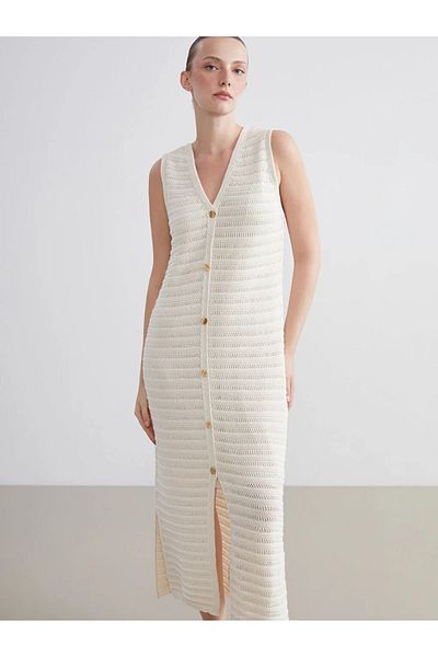LC Waikiki Lcwaikiki Classic Ecru V-Neck Openwork Knitwear Dress