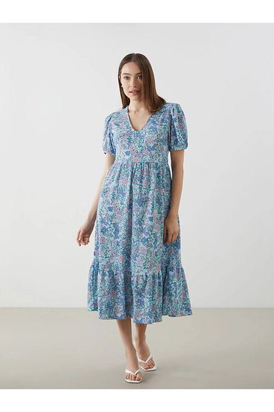 LC Waikiki Lcw Comfort Turquoise V Neck Floral Women's Dress