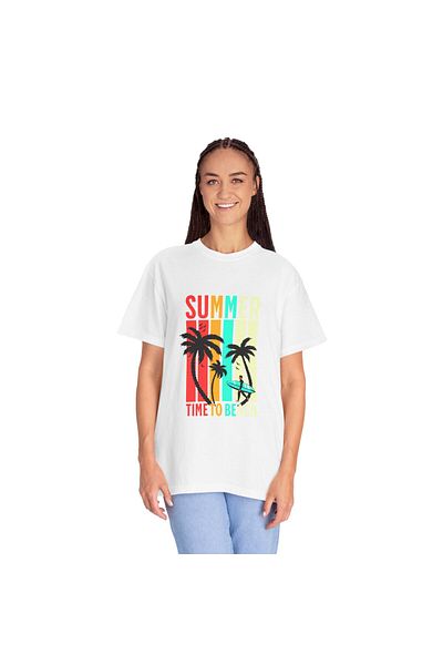 Hilosh Summer Time to Beach Printed Crew Neck Comfort Fit Unisex White T-Shirt