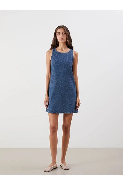 LC Waikiki Lcw Vision Indigo Crew Neck Self Pattern Mini Jean Dress