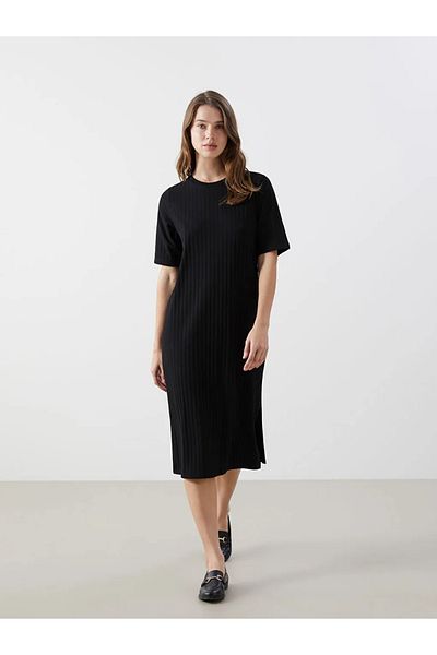 LC Waikiki Lcw Comfort Black Crew Neck Textured Women's Dress