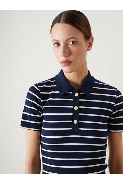 LC Waikiki Lcw Vision Navy Blue Shirt Collar Striped Women's Dress