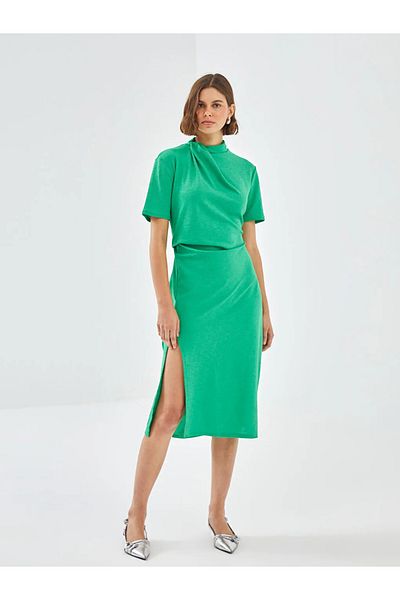 LC Waikiki Blais Green Stand Collar Women's Dress