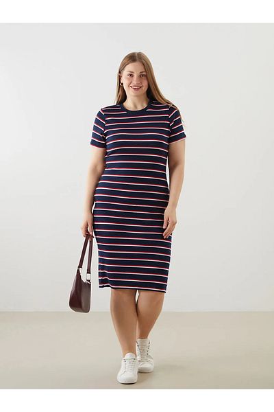 LC Waikiki Lcwaikiki Classic Navy Blue Crew Neck Striped Women's Dress